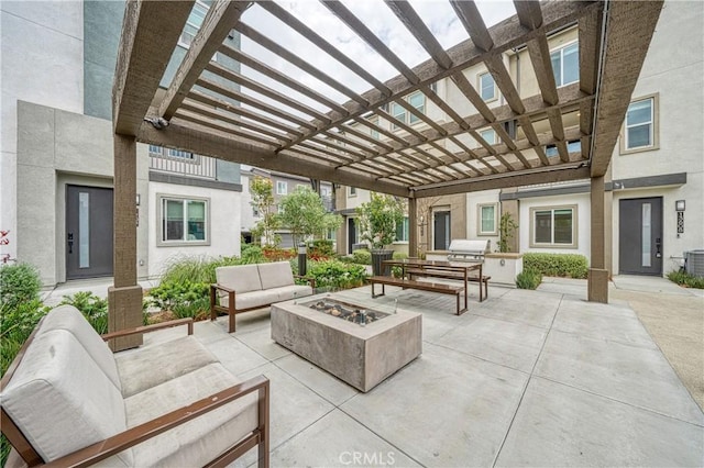 view of patio / terrace featuring an outdoor living space with a fire pit, a pergola, and central air condition unit