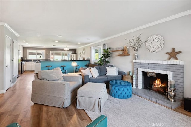 living room with light wood-style floors, ornamental molding, a fireplace, and recessed lighting