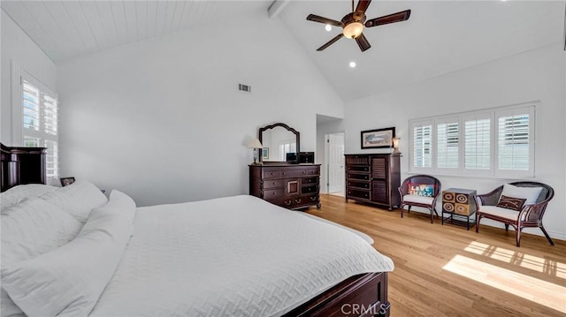 2617 Huntington Ln Unit B, Redondo Beach, CA 90278 - bedroom featuring high vaulted ceiling, beam ceiling, light wood-style floors, ceiling fan, and recessed lighting