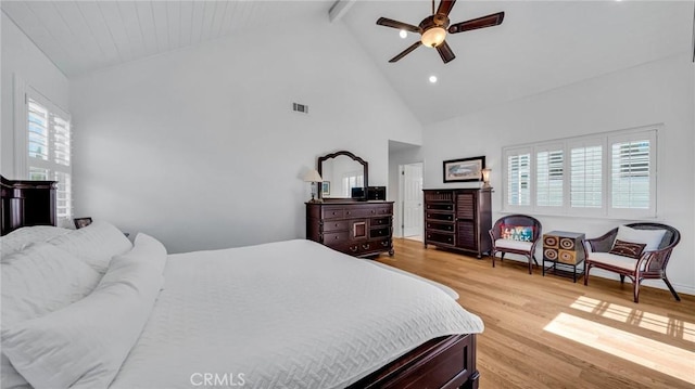 2617 Huntington Ln Unit B, Redondo Beach, CA 90278 - bedroom featuring high vaulted ceiling, beam ceiling, multiple windows, light wood-style flooring, and ceiling fan