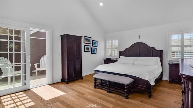 2617 Huntington Ln Unit B, Redondo Beach, CA 90278 - bedroom with access to outside, high vaulted ceiling, light wood-style flooring, baseboards, and recessed lighting