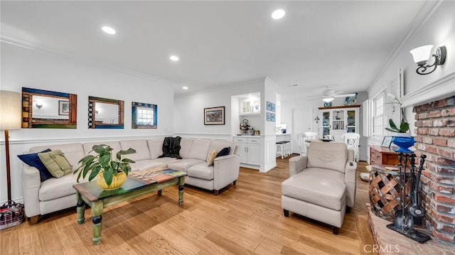 2617 Huntington Ln Unit B, Redondo Beach, CA 90278 - living room with ornamental molding, ceiling fan, light wood-type flooring, recessed lighting, and wainscoting