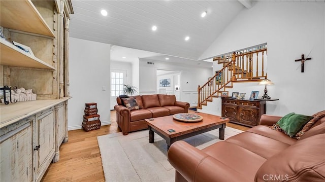 2617 Huntington Ln Unit B, Redondo Beach, CA 90278 - living area with recessed lighting, stairs, light wood-type flooring, beamed ceiling, and high vaulted ceiling