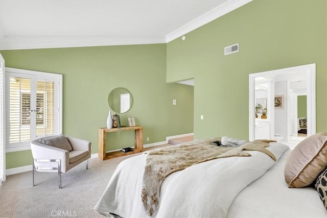 carpeted bedroom with baseboards, ornamental molding, high vaulted ceiling, and visible vents