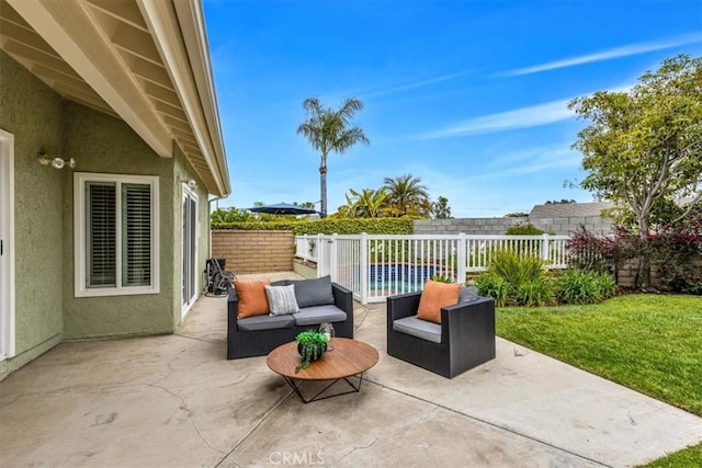 view of patio / terrace featuring a fenced backyard and outdoor lounge area