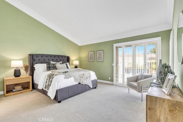 carpeted bedroom featuring access to outside, baseboards, and crown molding