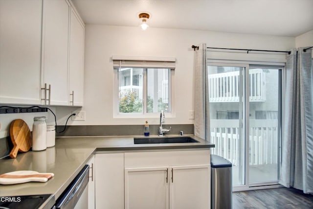 kitchen featuring a sink, plenty of natural light, stainless steel dishwasher, and white cabinetry