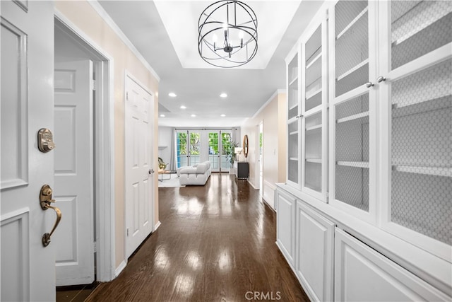 1930 S Beverly Glen Blvd Unit 103, Los Angeles, CA 90025 - hallway with dark wood-style flooring, recessed lighting, a chandelier, and baseboards