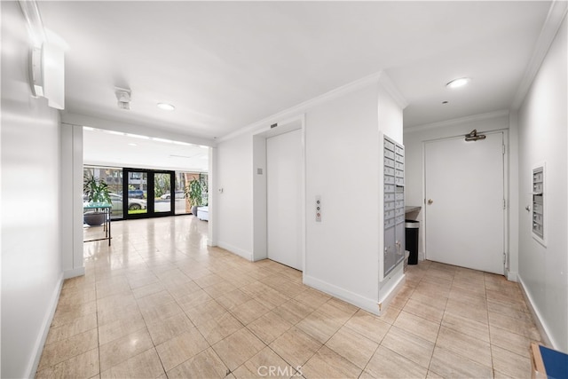1930 S Beverly Glen Blvd Unit 103, Los Angeles, CA 90025 - hall featuring elevator, ornamental molding, baseboards, recessed lighting, and light tile patterned flooring