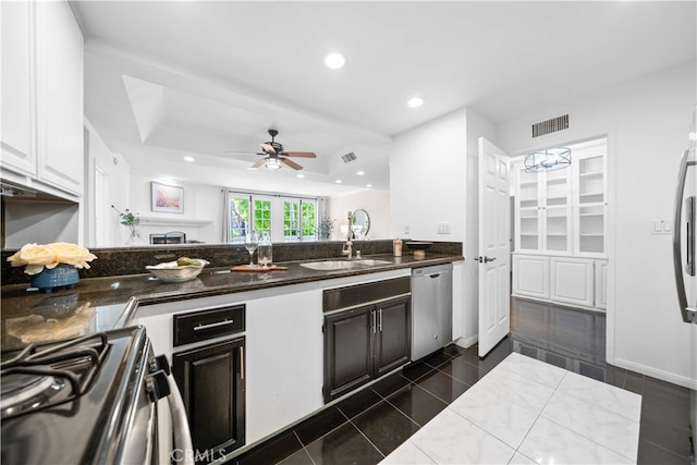 1930 S Beverly Glen Blvd Unit 103, Los Angeles, CA 90025 - kitchen with dishwasher, a sink, range with gas cooktop, a ceiling fan, and recessed lighting