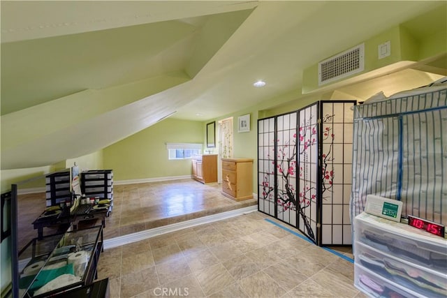 bonus room with recessed lighting, visible vents, vaulted ceiling, and baseboards