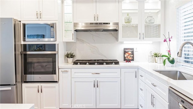 kitchen featuring a sink, under cabinet range hood, white cabinets, and stainless steel appliances