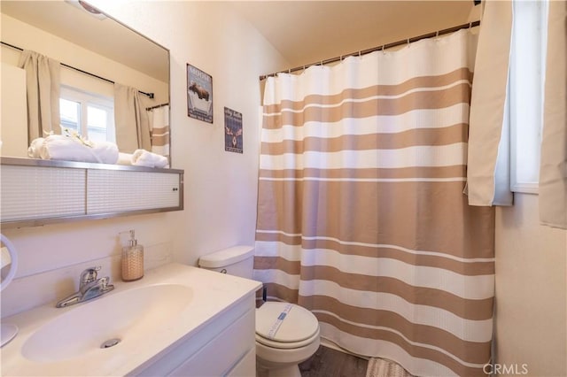 bathroom with vanity, toilet, and a shower with curtain