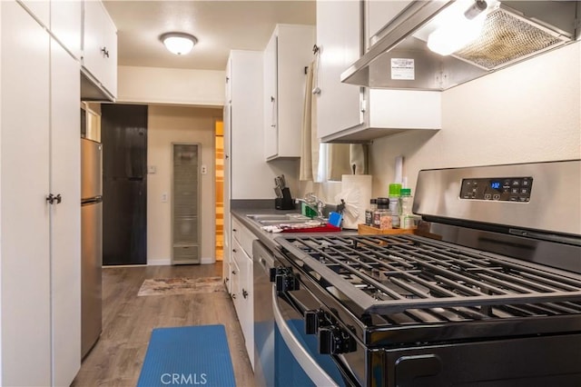 kitchen featuring under cabinet range hood, appliances with stainless steel finishes, white cabinetry, and a sink