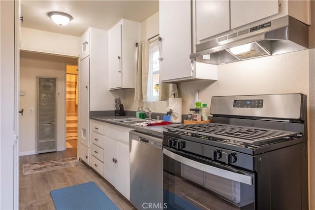 kitchen with a heating unit, stainless steel dishwasher, a sink, under cabinet range hood, and gas stove