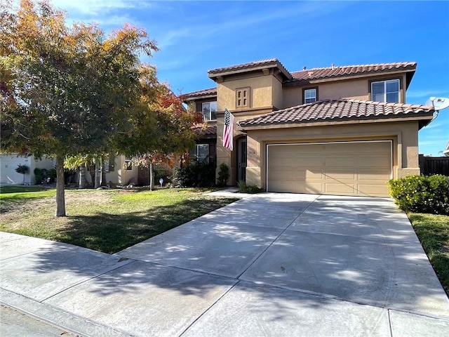 31556 Umbria Ln, Winchester, CA 92596 - view of front of home with stucco siding, an attached garage, driveway, a front lawn, and a tiled roof