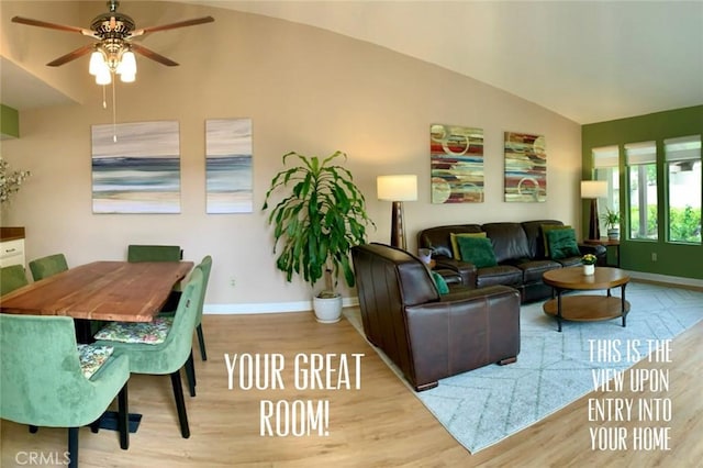 living area featuring baseboards, a ceiling fan, wood finished floors, and lofted ceiling