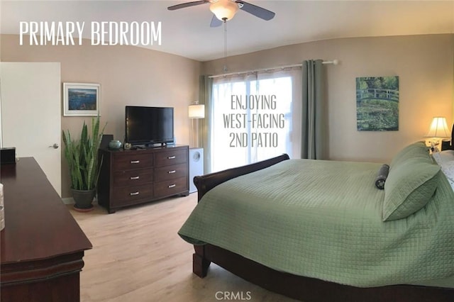 bedroom featuring baseboards, light wood finished floors, and ceiling fan