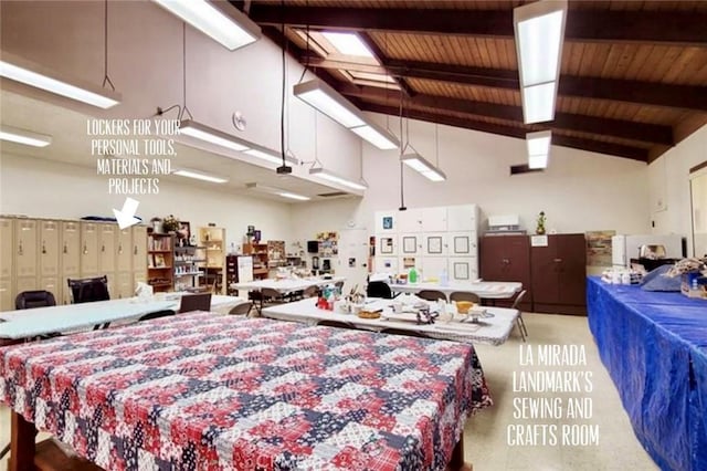 bedroom with beam ceiling, high vaulted ceiling, and wooden ceiling