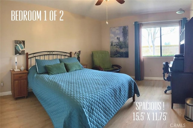 bedroom featuring baseboards, ceiling fan, and wood finished floors