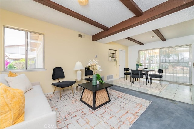 578 Vista Rambla, Walnut, CA 91789 - carpeted living room featuring beamed ceiling and tile patterned floors