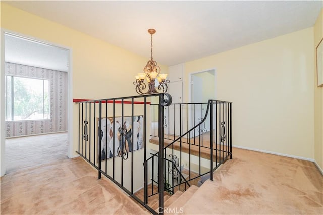 578 Vista Rambla, Walnut, CA 91789 - hall featuring carpet, a chandelier, an upstairs landing, and baseboards