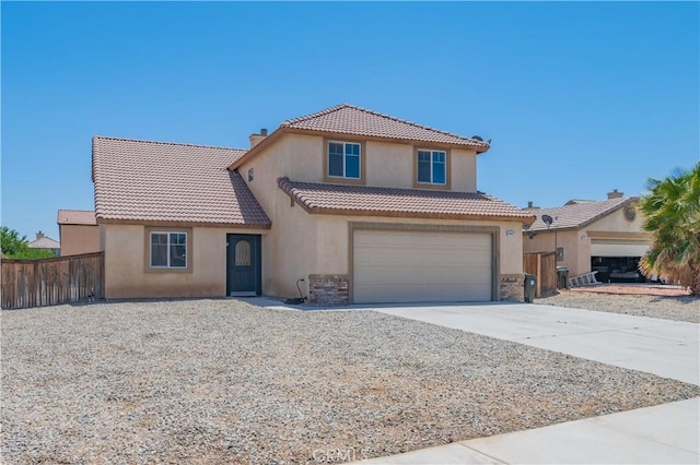 14627 Palm St, Adelanto, CA 92301 - mediterranean / spanish house featuring stucco siding, a tile roof, driveway, and an attached garage