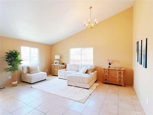 14627 Palm St, Adelanto, CA 92301 - living area featuring a chandelier, light tile patterned floors, and high vaulted ceiling