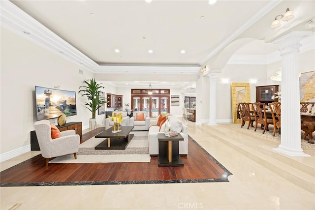 1774 Orangewood Ln, Arcadia, CA 91006 - living room featuring ornate columns, arched walkways, ornamental molding, and hardwood / wood-style flooring