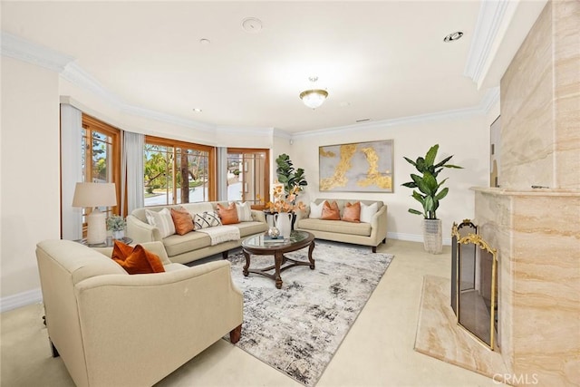 1774 Orangewood Ln, Arcadia, CA 91006 - living area with ornamental molding, a premium fireplace, and carpet