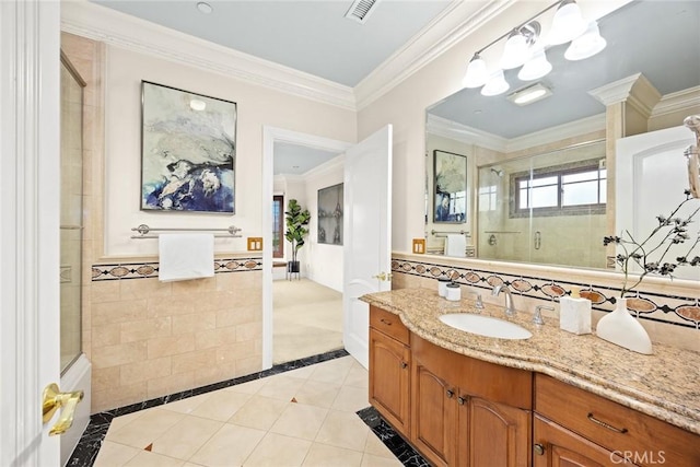 1774 Orangewood Ln, Arcadia, CA 91006 - full bath with a shower stall, vanity, tile patterned flooring, inlaid floor details, and crown molding