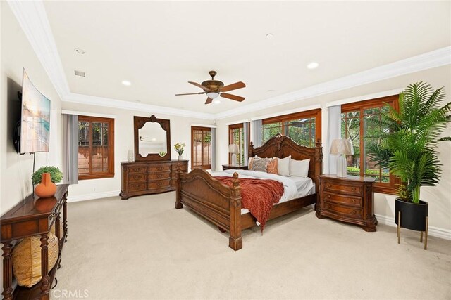 1774 Orangewood Ln, Arcadia, CA 91006 - bedroom with light carpet, ornamental molding, and ceiling fan