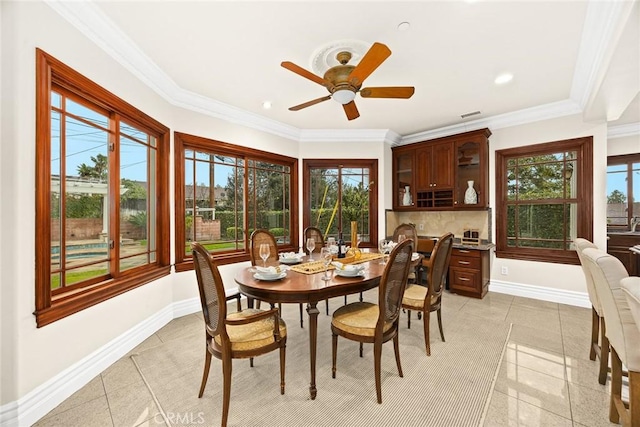 1774 Orangewood Ln, Arcadia, CA 91006 - dining room with light tile patterned floors, ceiling fan, ornamental molding, and recessed lighting