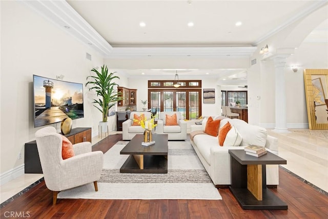 1774 Orangewood Ln, Arcadia, CA 91006 - living room with ornate columns, arched walkways, recessed lighting, hardwood / wood-style flooring, and crown molding