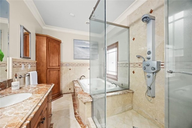 full bathroom with tile walls, ornamental molding, a shower with shower door, and a relaxing tiled tub
