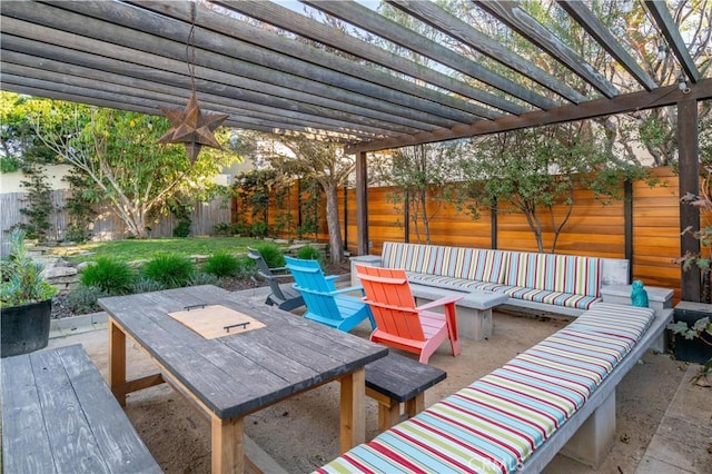 view of patio featuring a pergola, an outdoor hangout area, and a fenced backyard