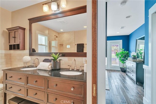 bathroom with backsplash, plenty of natural light, and a sink