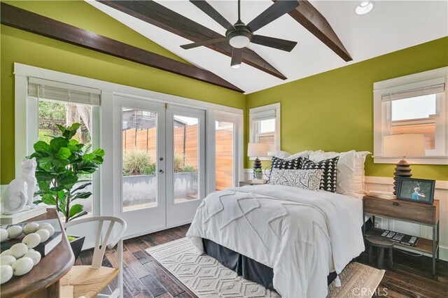 bedroom with lofted ceiling with beams, access to outside, wood finished floors, and french doors