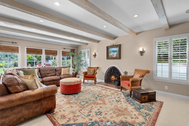 2839 Via Victoria, Palos Verdes Estates, CA 90274 - living area with baseboards, beamed ceiling, recessed lighting, carpet flooring, and a lit fireplace