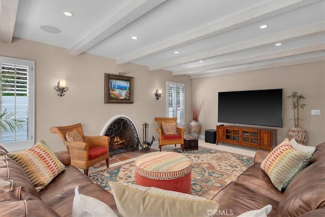 2839 Via Victoria, Palos Verdes Estates, CA 90274 - living area with healthy amount of natural light, recessed lighting, and beamed ceiling