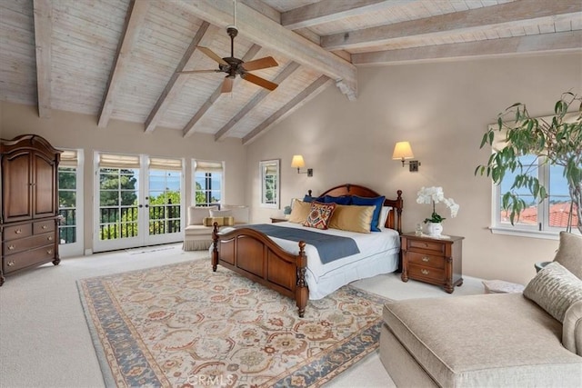 2839 Via Victoria, Palos Verdes Estates, CA 90274 - bedroom featuring light colored carpet, wood ceiling, access to outside, multiple windows, and french doors
