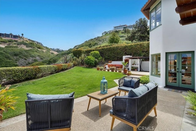 2839 Via Victoria, Palos Verdes Estates, CA 90274 - view of grassy yard featuring french doors, a patio area, outdoor lounge area, and a mountain view