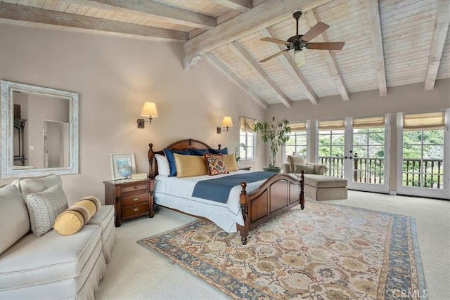 2839 Via Victoria, Palos Verdes Estates, CA 90274 - bedroom with carpet floors, wood ceiling, access to outside, french doors, and ceiling fan