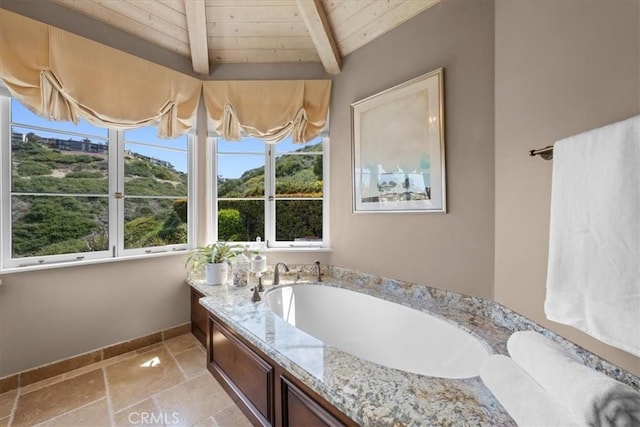 2839 Via Victoria, Palos Verdes Estates, CA 90274 - bathroom with wooden ceiling, beam ceiling, baseboards, and stone tile floors