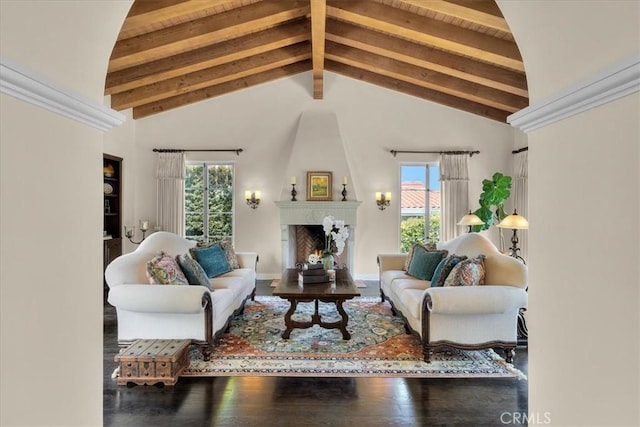 2839 Via Victoria, Palos Verdes Estates, CA 90274 - living area with plenty of natural light, beamed ceiling, a large fireplace, wood finished floors, and high vaulted ceiling