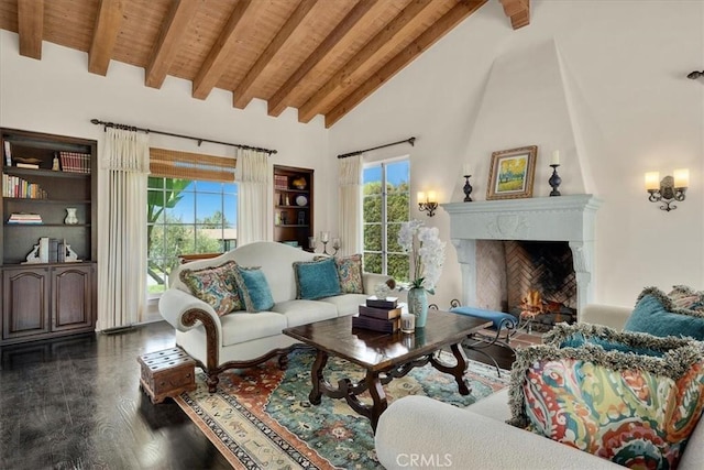 2839 Via Victoria, Palos Verdes Estates, CA 90274 - living area with beam ceiling, healthy amount of natural light, wood ceiling, dark wood-type flooring, and a premium fireplace