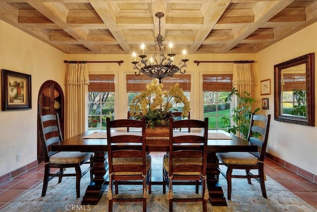 2839 Via Victoria, Palos Verdes Estates, CA 90274 - dining space with healthy amount of natural light, a chandelier, tile patterned flooring, baseboards, and beamed ceiling