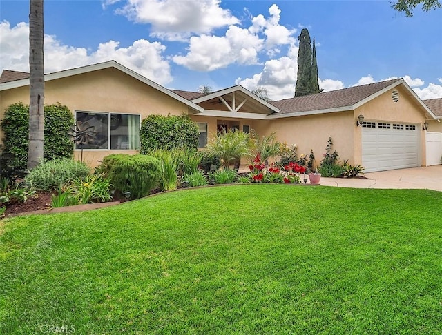 ranch-style home featuring stucco siding, driveway, roof with shingles, a front yard, and an attached garage