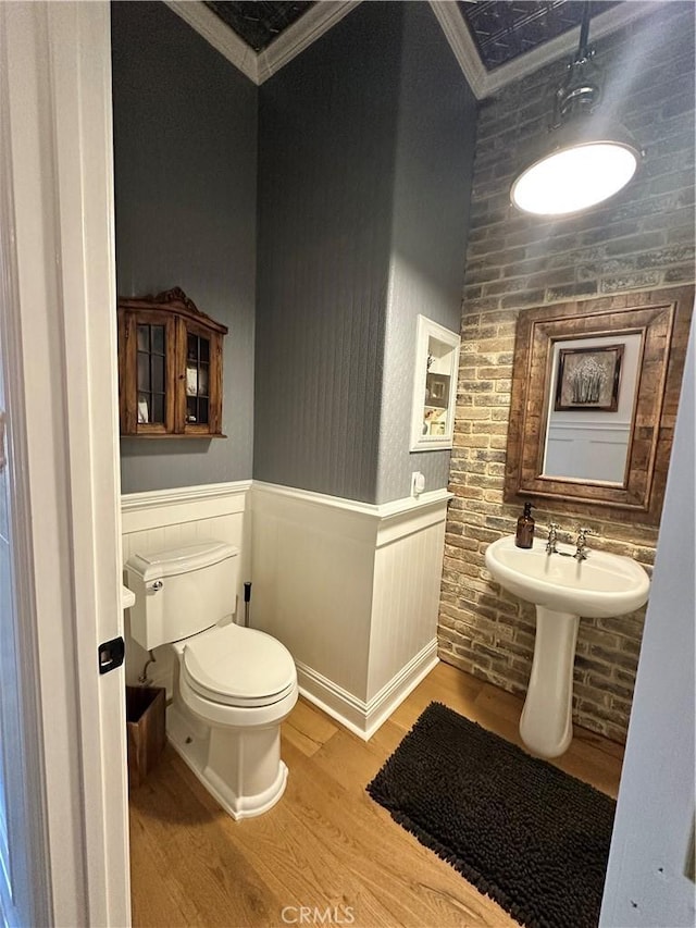 bathroom featuring a sink, toilet, ornamental molding, wood finished floors, and wainscoting