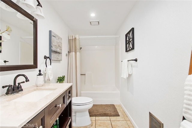 bathroom featuring tile patterned flooring, shower / bath combination with curtain, toilet, vanity, and visible vents